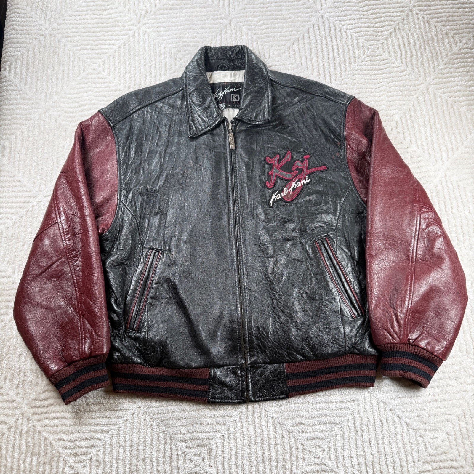 Karl Kani Leather Varsity Jacket Men's 1x Black Red Urban 90s Hip Hop Grail Vtg